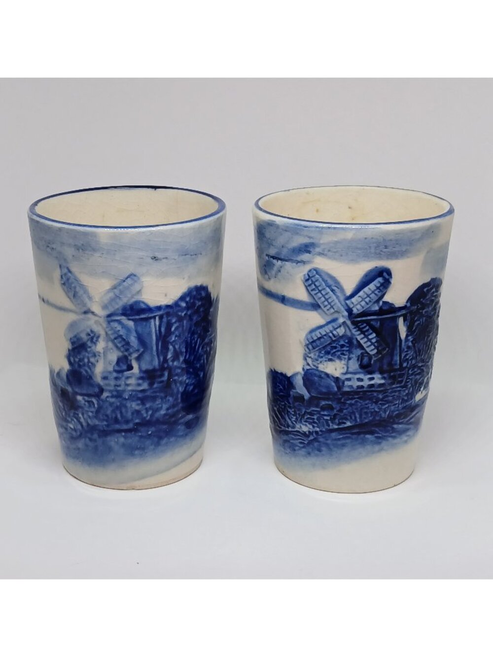 TWO VINTAGE MID CENTURY BLUE & WHITE DUTCH DELFT WINDMILL PORCELAIN JAPAN CUPS